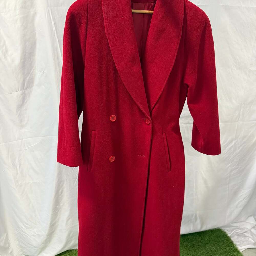 VTG Josh Evan Women's Long Red Coat Sz 10 100% Virgin Wool Double Breasted EUC